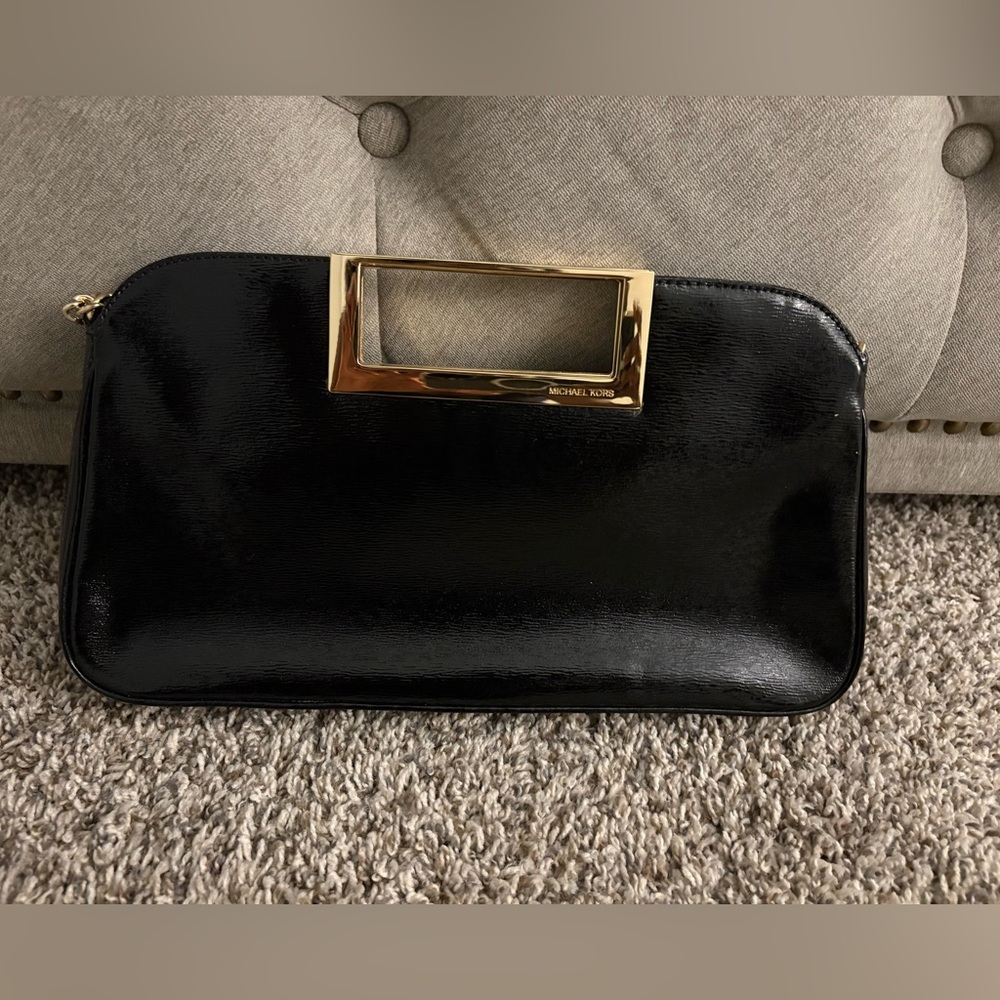 Michael Kors Black Patent Clutch with Gold Handle